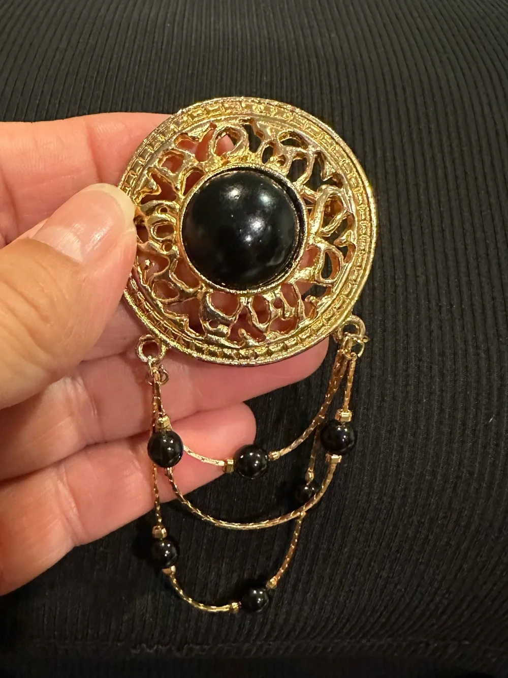 Vintage 1970s Victorian Revival Gold Tone Swag Brooch with Black Bead Dangles